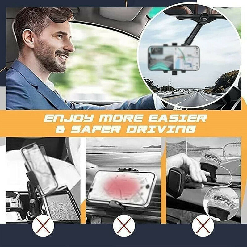 360 Swivel Rearview Mirror Phone Mount - Adjustable & Retractable Car Holder