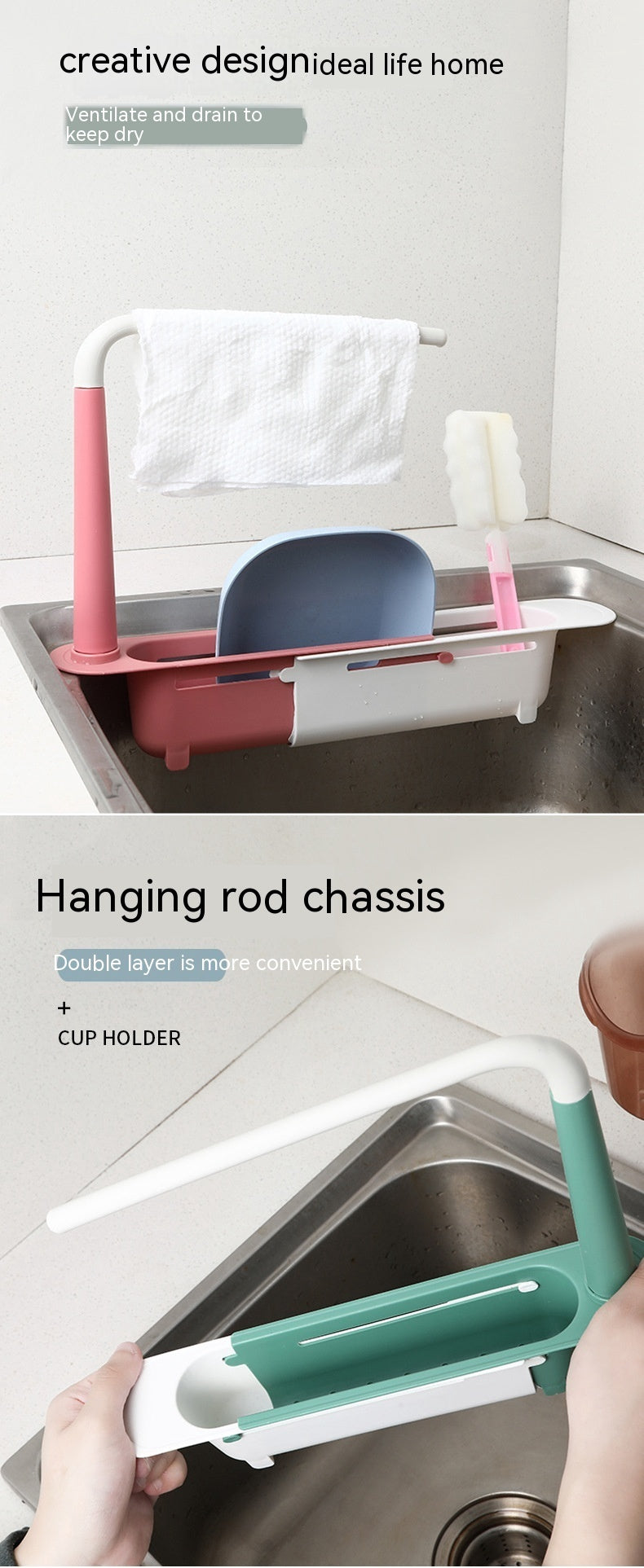 Expandable Kitchen Sink Shelf - Adjustable Kitchen Organizer Shelf for Sponge, Soap & Rags